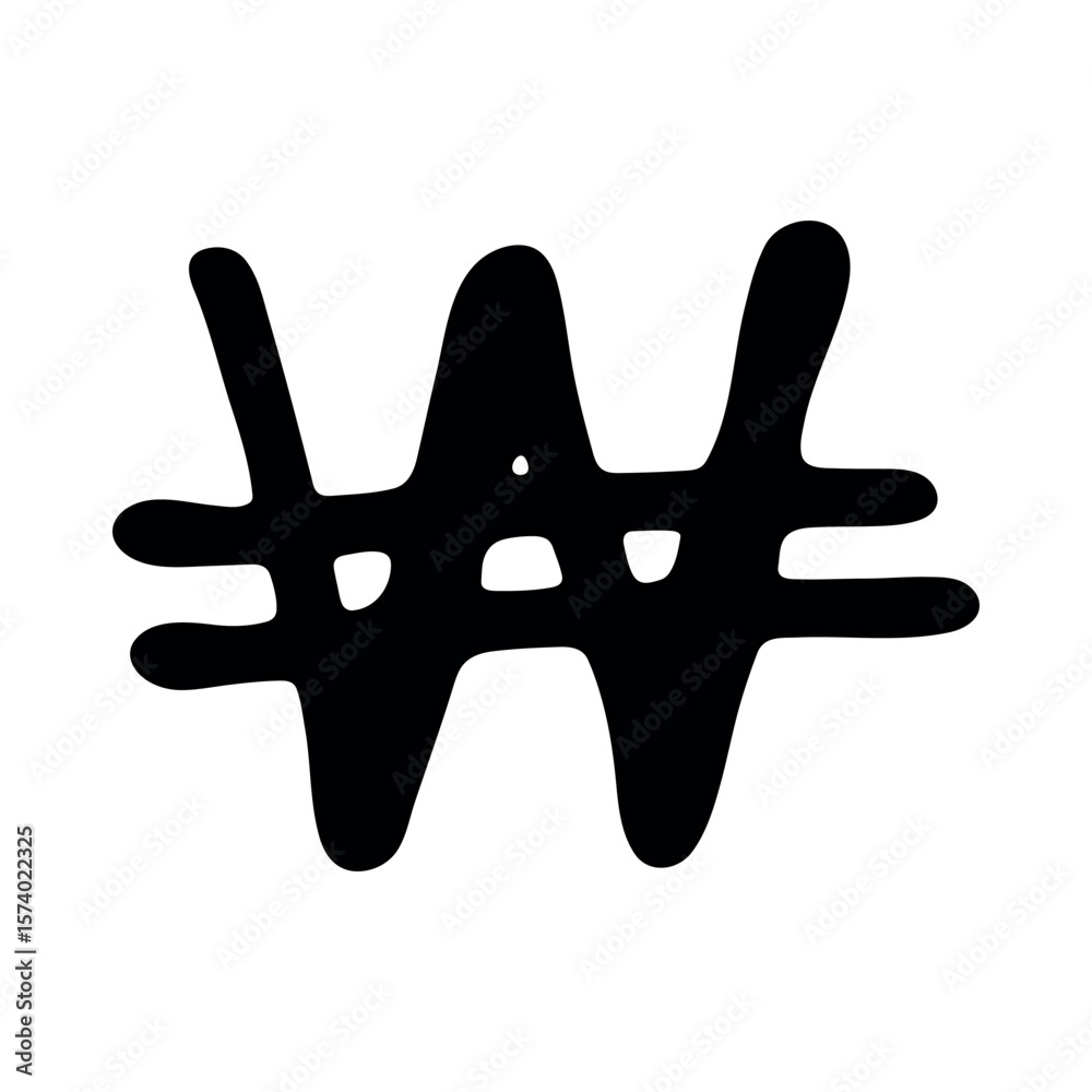 Obraz premium Hand drawn won currency symbol. Brush stroke doodle. Single element for design