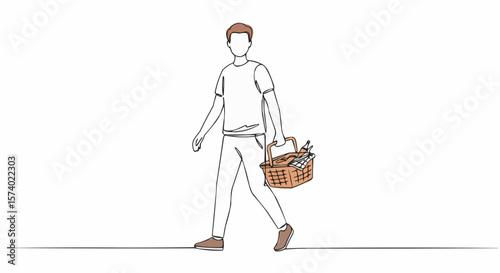 Young Man with picnic basket outline drawing