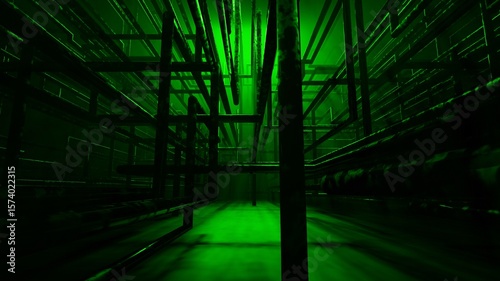 Fototapeta Naklejka Na Ścianę i Meble -  Dark Industrial Pipe Network Illustration.This illustraion features a dark, abstract network of industrial pipes, creating a mysterious and atmospheric visual. Perfect for tech, industrial, or suspens