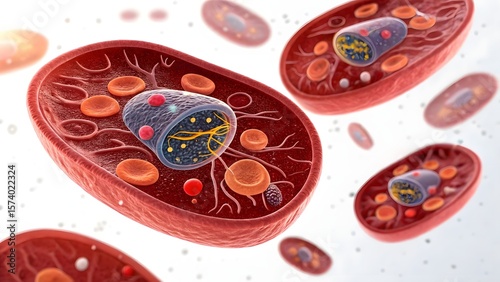 Detailed 3d illustration of a mitochondrion with internal structures and red blood cells