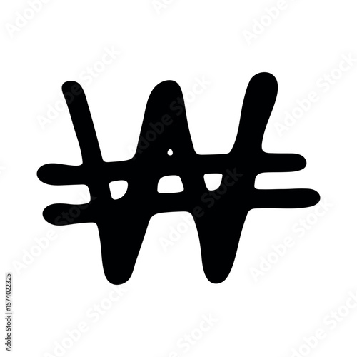 Hand drawn won currency symbol. Brush stroke doodle. Single element for design