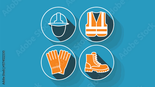 Illustration of construction safety gear including helmet vest gloves and boots on a blue background