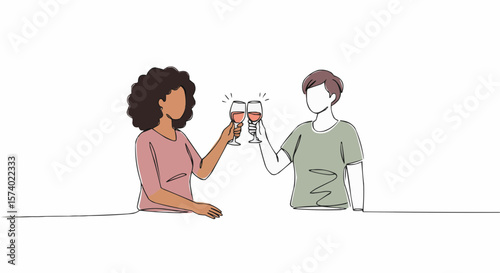 Illustration of two people clinking wine glasses, toasting.