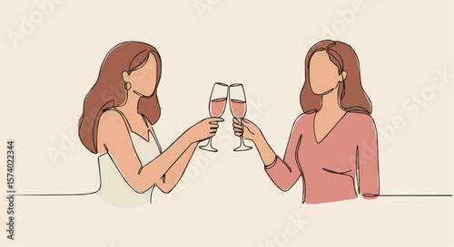 Two female friends toasting champagne glasses with light background.