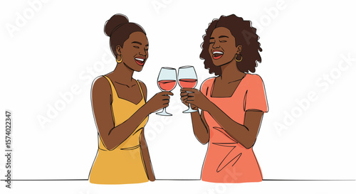 Two women toasting and celebrating with glasses of wine, filled with laughter.