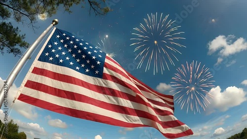 American Flag Waving with Fireworks Display Celebrating Independence Day