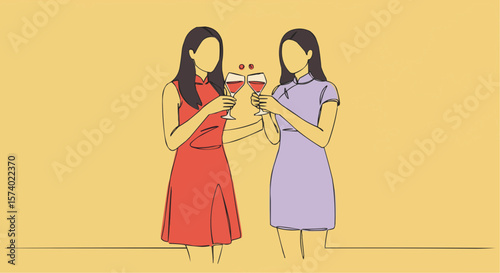 Two women clinking glasses, sharing a toast, celebrating friendship and a special moment.
