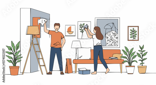 A couple is renovating their home, engaged in decoration activities.