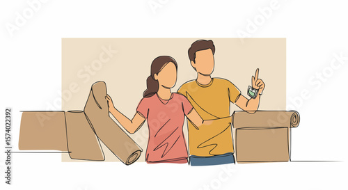 A couple excited about their move is surrounded by moving boxes and furniture.