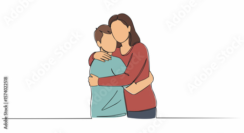 A touching depiction of a mother hugging her son, showing a close bond.