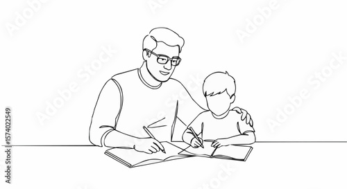 Father and son create the learning time together. The image features a father helping his son to write in a notebook. This simple sketch captures a tender moment between a parent and a child.