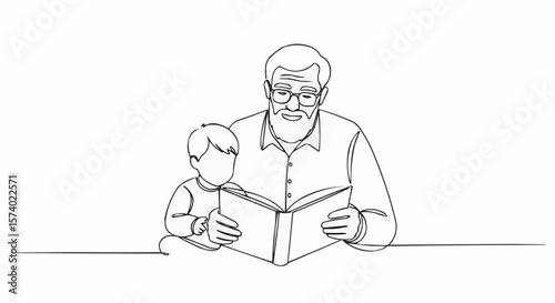 A touching scene of a grandfather reading a book with his grandson. A tender moment between generations.
