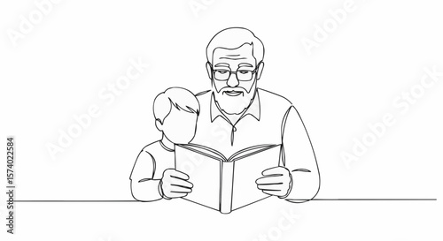 An elderly person is reading a book with a young boy.