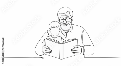 Grandfather and grandson enjoy reading book together drawing in line art style.
