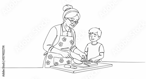 A grandmother and grandson cooking together, sharing a culinary moment in the kitchen.