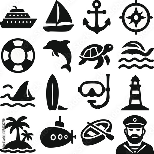 Nautical sea ocean boat ship anchor compass summer vacation travel marine icon vector illustration design on transparent background