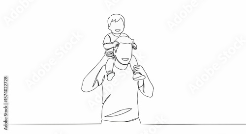 Father carries son on his shoulders.
