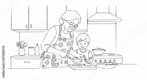 Family cooking in the kitchen: grandmother and grandchild cook food together. 