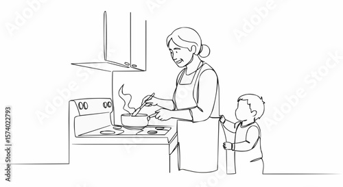 Grandmother cooking with her grandson.