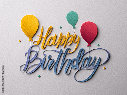 Happy Birthday with three balloons on a textured white background. AI generation