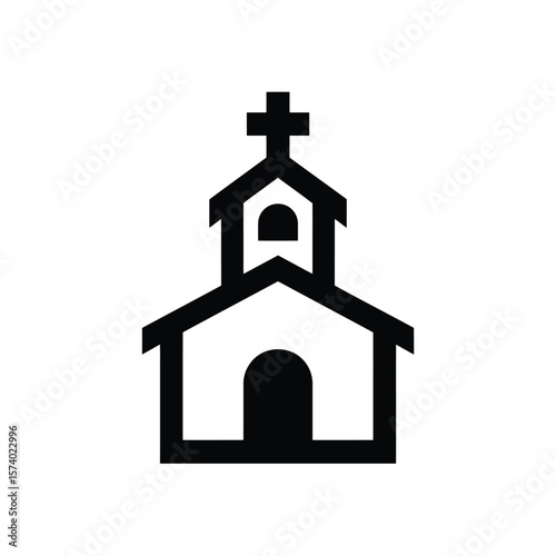 Black Church Icon with Cross on White Background religion