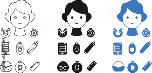 Icon set featuring a woman's head and various camping and travel related items