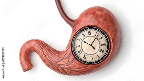 Human stomach with a clock embedded in its surface representing digestive time