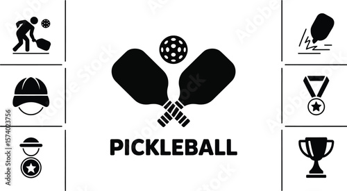 A graphic featuring pickleball paddles and ball with icons of a player, hat, and trophy around it