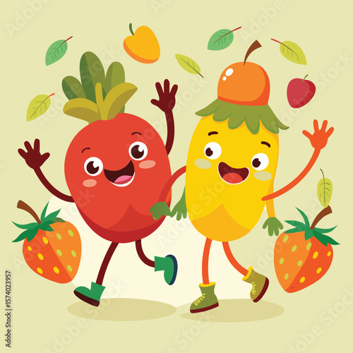 A cute, smiling red apple character with a leaf, a funny cartoon illustration of a fresh, healthy fruit