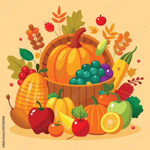 A vibrant basket brims with a fresh set of ripe fruits and vegetables, including apples, bananas, oranges, strawberries, grapes, pineapples, and kiwis, alongside a pumpkin