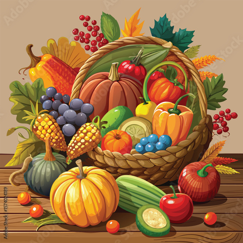 Autumn harvest basket with fresh orange pumpkins, gourds, and seasonal vegetables