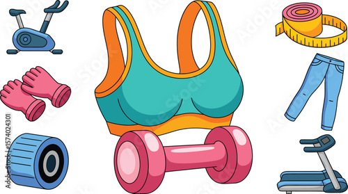 Illustration of fitness equipment including exercise bike dumbbell and treadmill on white background