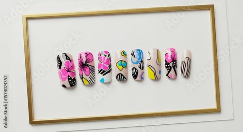 Decorative colorful nail art design on white background