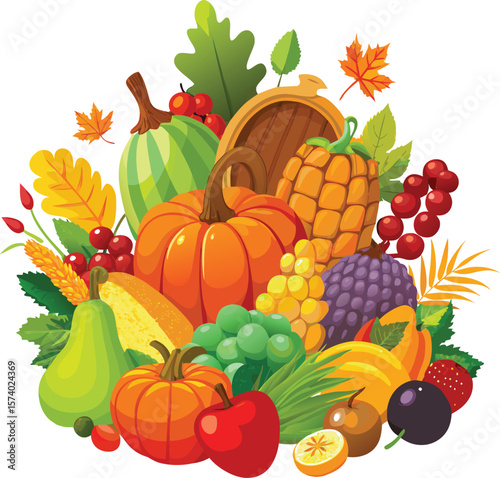 Vibrant autumn harvest of fresh fruits and vegetables, including pumpkins, apples, grapes, and more, isolated on white for a healthy, festive, Thanksgiving, or Halloween design
