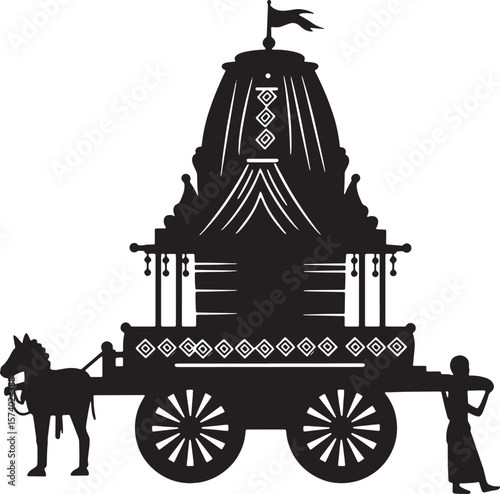 Ornate Temple Chariot Pulled by Horses A Black and White Illustration