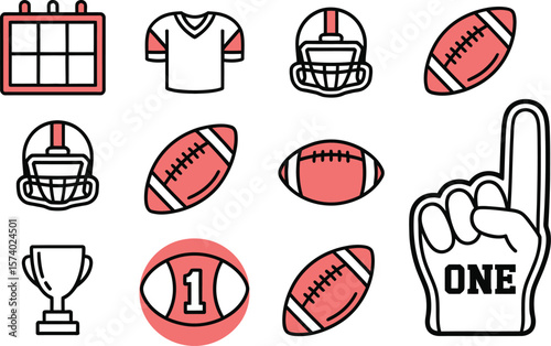 A collection of american football themed icons including equipment scores and fan support items displayed