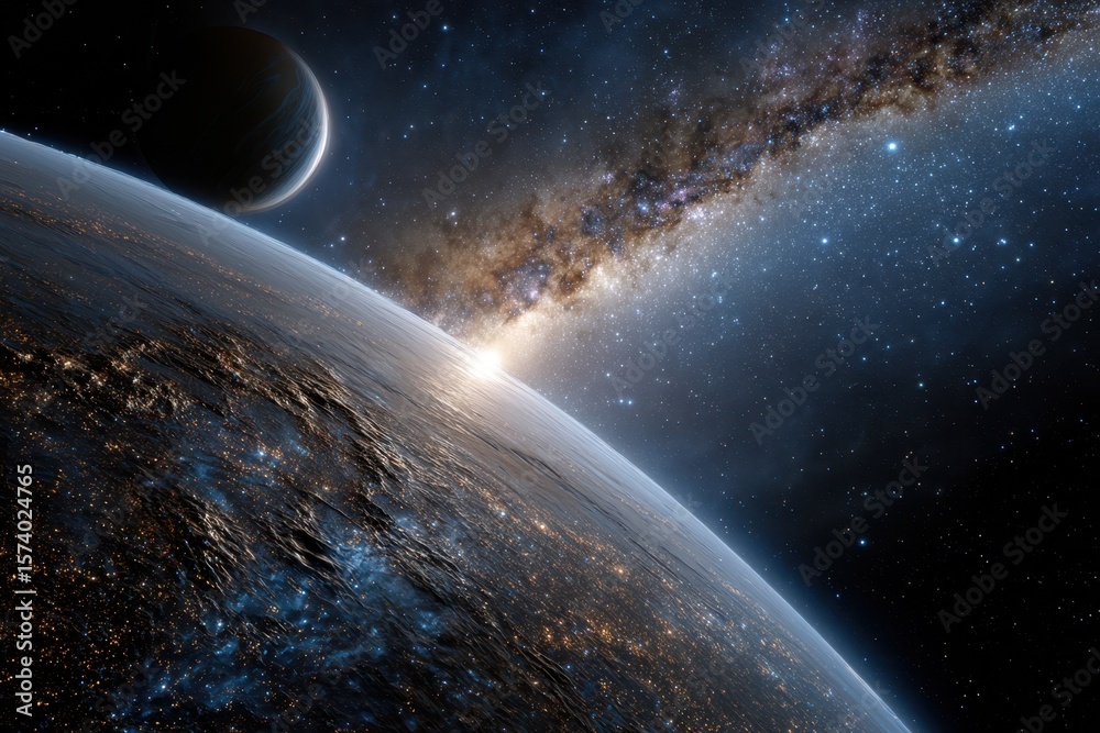 Fototapeta premium Views of a distant planet with a galactic backdrop and galaxy shining in the distance