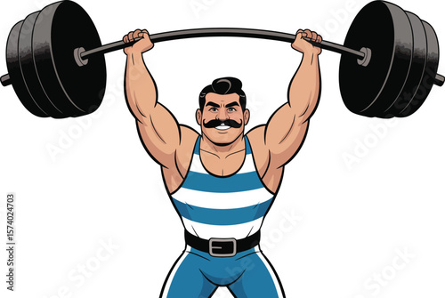Cartoon strongman with a mustache lifting a heavy barbell above his head wearing a striped singlet suit