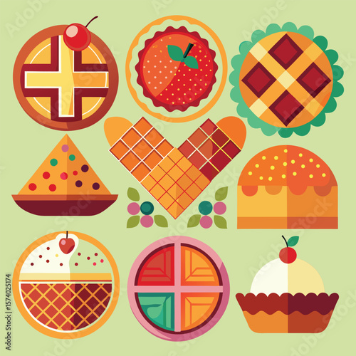 A delightful vector seamless pattern features an assortment of cute cartoon cakes, cupcakes, and cookies with chocolate, strawberry, and cherry illustrations, perfect for a sweet food or birthday cele