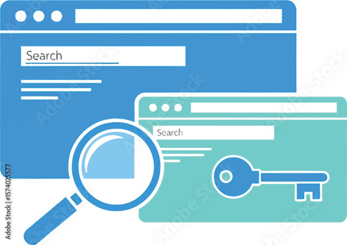 Illustration of two browser windows with search bars a key and a magnifying glass
