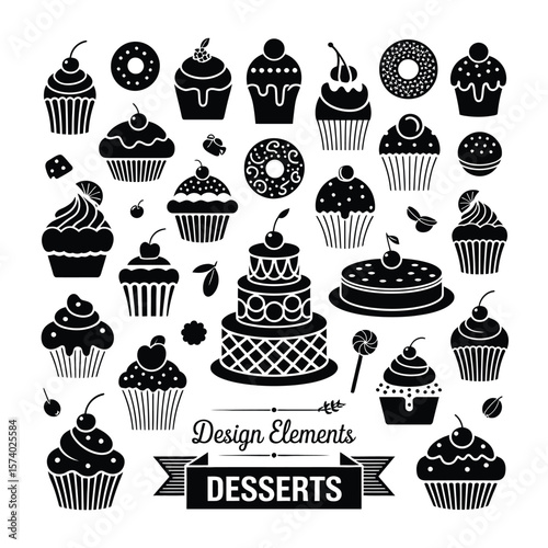 Black Dessert Design Elements with Cupcakes Cakes and Donuts