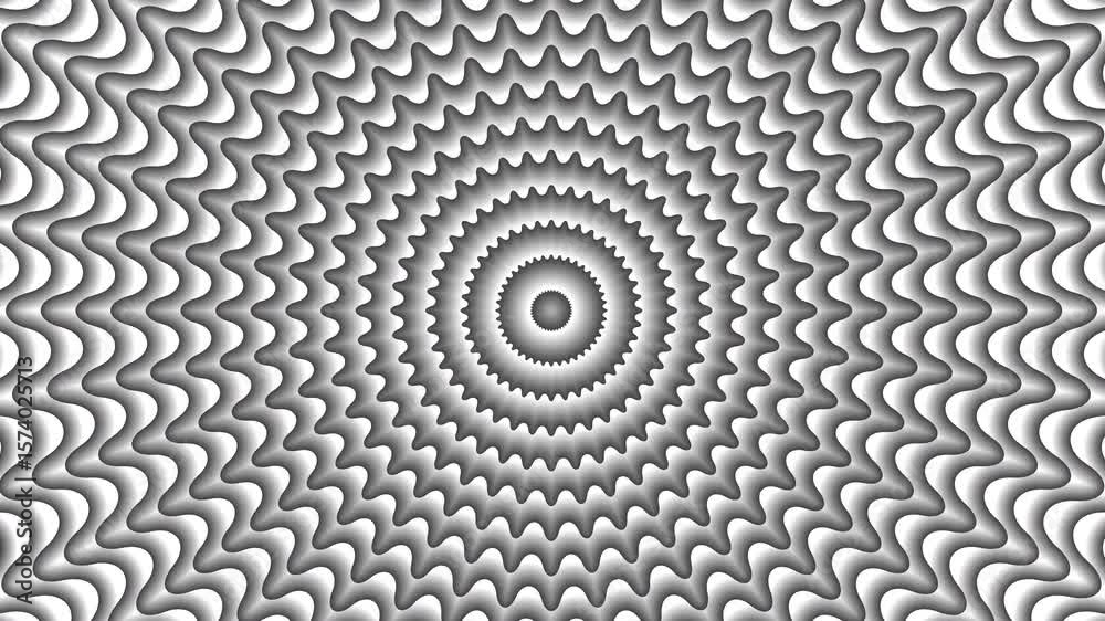 Silver circle pulses in hypnotic waves, forming a dynamic optical illusion with metallic symmetry and depth