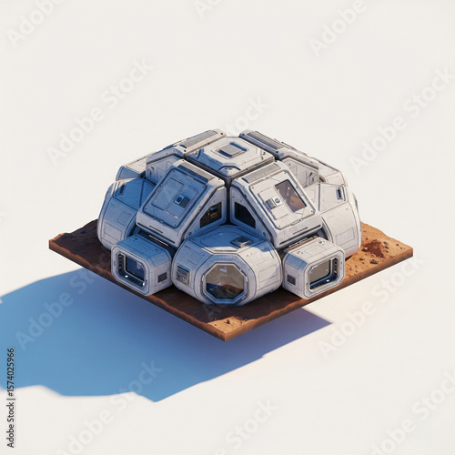 3D isometric illustration of a modular futuristic habitat on a barren alien landscape, ready for space colonization.