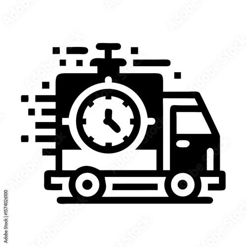 A black delivery truck with a clock isolated on white background symbolizes fast and timely service