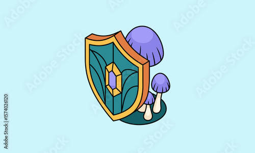 Mystical Shield with Gem and Purple Mushrooms, Fantasy Game Icon Illustration