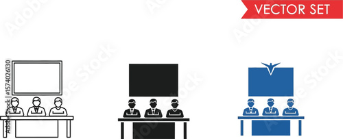 Three variations of a panel of three people sitting at a table vector set art