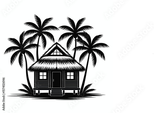 Black Silhouette Beach Hut with Palm Trees on White Background