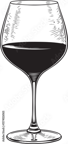 Red Wine Glass Wineglass Vector Illustration, Sketch Drawing Line Linear Symbol Icon Engraving Coloring Book, Hand-drawn Black and White Isolated