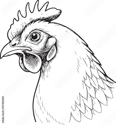 Chicken, Hen Head Portrait Vector Illustration, Sketch Drawing Line Linear Symbol Icon Engraving Coloring Book, Hand-drawn Black and White Isolated