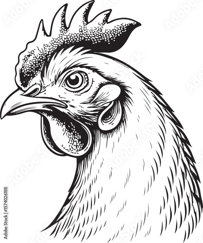 Chicken, Hen Head Portrait Vector Illustration, Sketch Drawing Line Linear Symbol Icon Engraving Coloring Book, Hand-drawn Black and White Isolated